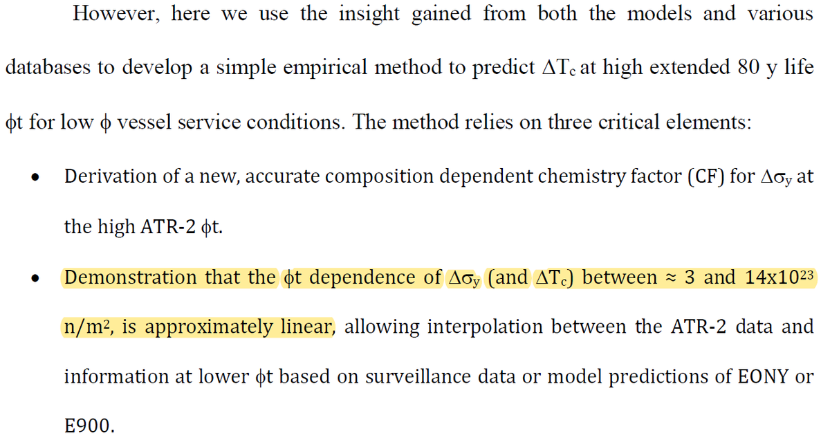 D’ailleurs, dans le rapport de 2019 de l’ONRL, il est évoqué que le comportement des matériaux irradiés (plus spécifiquement le RTndt en fonction de la fluence) suit un comportement similaire sur une plage de 3 à 14E19 n/cm2.