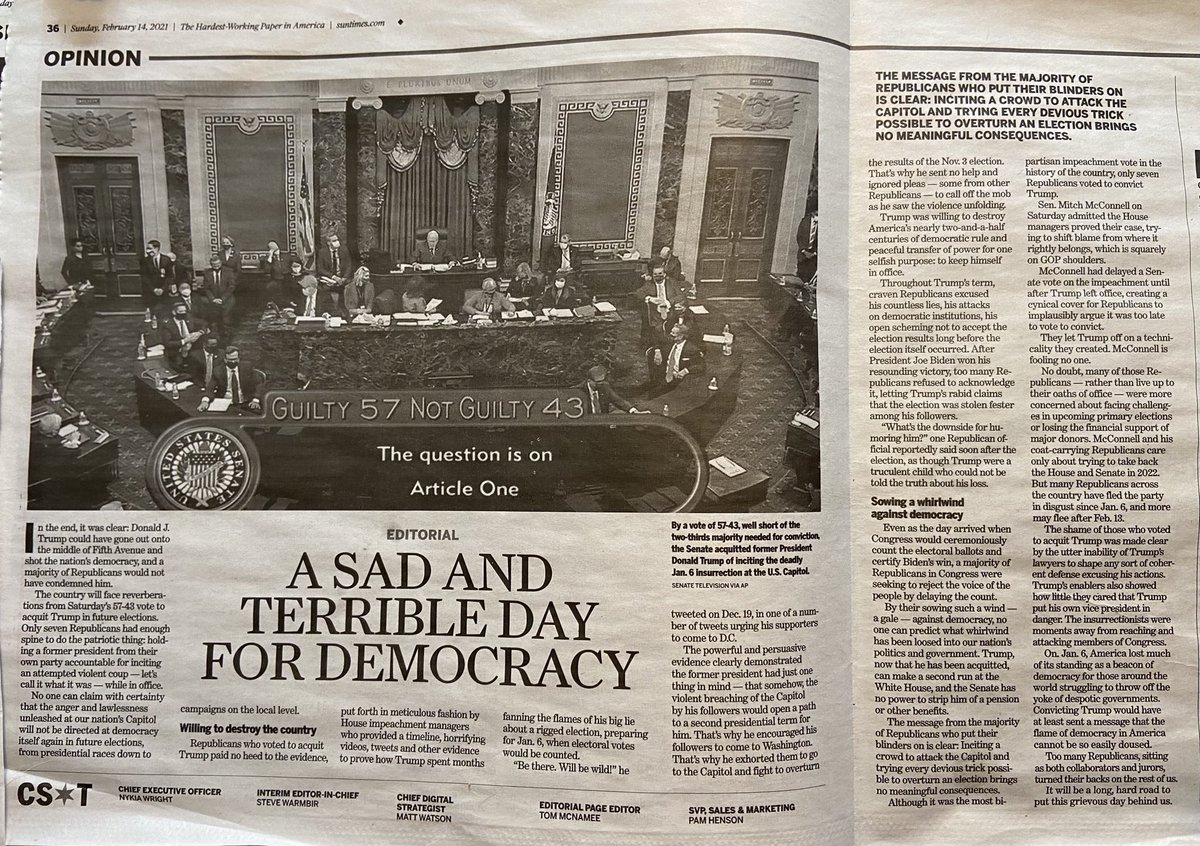 thomasfrisbie's tweet image. Now we know: If Trump had gone onto the middle of Fifth Avenue and shot the nation’s democracy, a majority of Republicans would not have condemned him. chicago.suntimes.com/2021/2/13/2228…