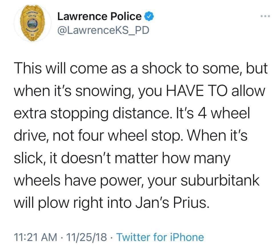 ICTCAP's tweet image. If you go out today, be careful! It is pretty slick even on the main roads. Pictured tweet courtesy of @LawrenceKS_PD #kswx