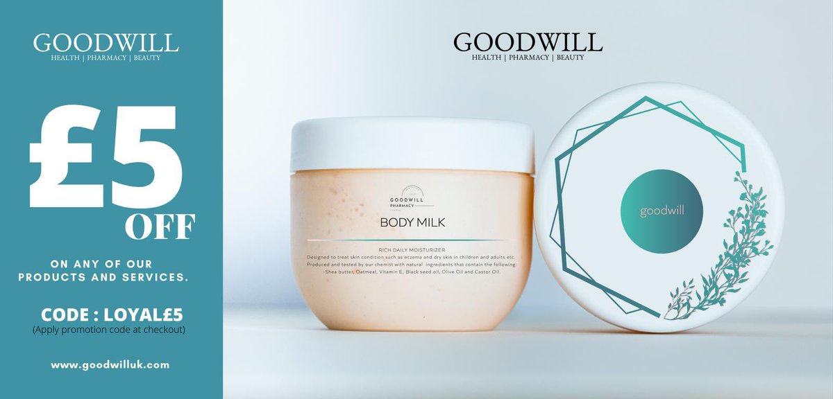 Goodwill_UK's tweet photo. THANK YOU!
Here’s a little gesture of our appreciation.
Use the code “LOYAL£5” for £5 Off your next purchase.
#GoodWillBodyMilk #GoodWillBodyCream #GoodWillUK #GoodWillPharmacy #DrySkin #Eczema #Hyperpigmentation #StretchMarks #BlackOwnedBusiness #skincareproducts #vegan https://t.co/Ws90hV18GU