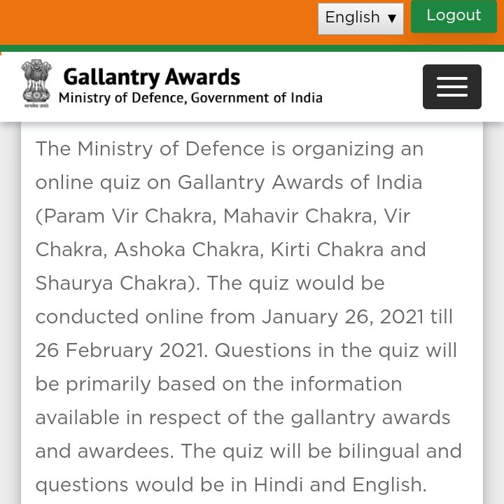AmritpalLt's tweet photo. Gallantry Awards | Ministry of Defence, Government of India 
QUIZ from 26/01/2021 to 26/02/2021 (Friday till 12.00pm).
Link: https://t.co/Asrlze9mEj

#SaluteourBRAVEHEARTS
@HQ_DG_NCC @NccMgc @MataGujriColleg https://t.co/cg5ZUmmiQf