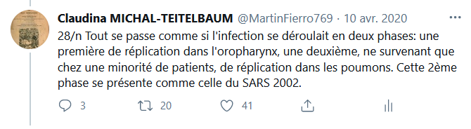 10/n Dans leur remarquable étude, Wölfel et coll avaient démontré, dès le mois de mars, que l'infection par le SARS-CoV-2, à la différence de tous les autres coronavirus, se déroule en 2 phases: une 1ère dans l'oropharynx et une 2ème dns les poumons  https://twitter.com/MartinFierro769/status/1248708234908663820