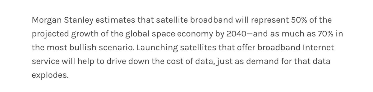 (4/21) In addition, they project satellite broadband to represent as high as +70% of the projected growth driver of the entire space economy.For launching satellite payloads as a main service for  @Astra, they’re positioned to emerge as a leader of space logistics.