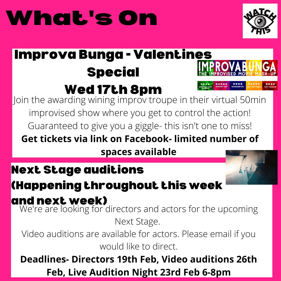 WatchThisBham's tweet image. What’s on this week at Watch This! See Facebook for more details! #guildofstudents #theatre #zoom