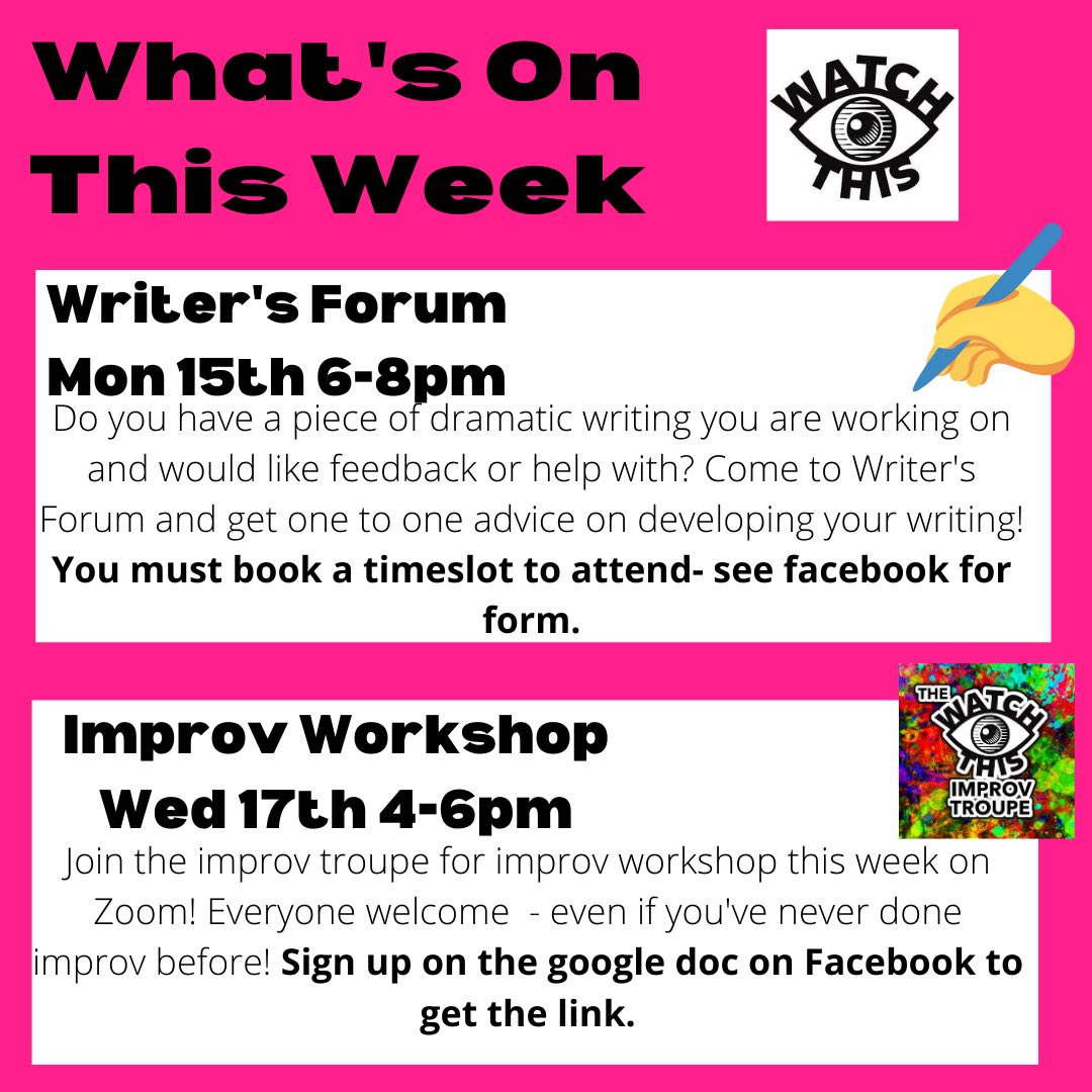 WatchThisBham's tweet image. What’s on this week at Watch This! See Facebook for more details! #guildofstudents #theatre #zoom