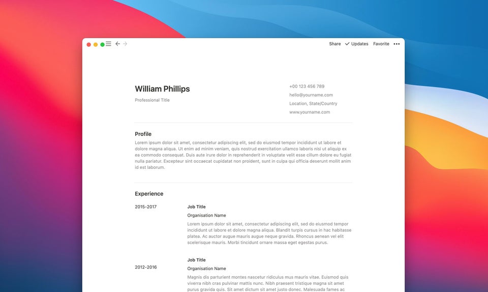 NotionBoost's tweet image. Elegant Resume template 👔

link: notion.so/Resume-d89dd8a…

#notion #notiontips #notionboost #notiontemplate