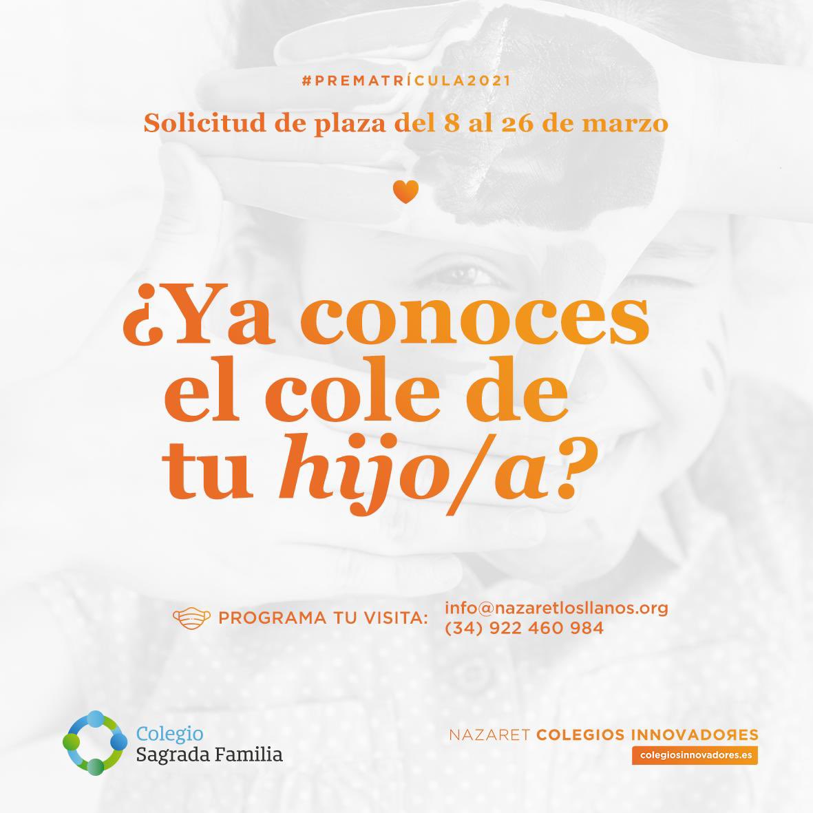 Colegio Sagrada Familia (@nazaretlapalma) on Twitter photo #PREMATRÍCULA2021 / El 8 de marzo se inicia el periodo de solicitud de plazas. ¡Tu cole te está esperando! ¡Con ganas de verte! — Programa tu vista: info@nazaretlosllanos.org / (34) 922 460 984 #BeNazaret #EstrenaAprendizaje
(Información oficial en gobiernodecanarias.org/educacion/web/…) #PREMATRÍCULA2021 / El 8 de marzo se inicia el periodo de solicitud de plazas. ¡Tu cole te está esperando! ¡Con ganas de verte! — Programa tu vista: info@nazaretlosllanos.org / (34) 922 460 984 #BeNazaret #EstrenaAprendizaje
(Información oficial en gobiernodecanarias.org/educacion/web/…)