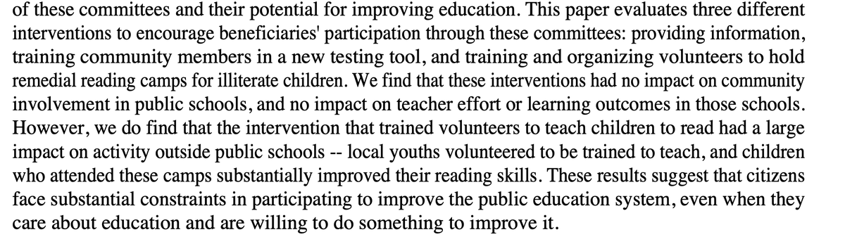Result: sending people for 2+ days into a village does not create a buzz for active involvement in improving schools measured at the endline a year later.Is this a surprise? Is this finding insightful and should it be used to guide policy?