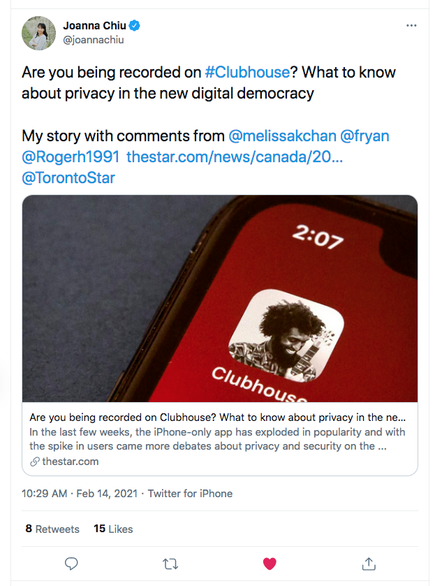 Kempton's tweet photo. 👇#Insightful report re #Clubhouse by Joanna
//Are you being recorded on #Clubhouse? What to know about #privacy in the new #DigitalDemocracy//
Her story with comments from #melissakchan #fryan #Rogerh1991 https://t.co/Q57PnPGydg #TorontoStar #China #Censor https://t.co/iD8U0QMHfB