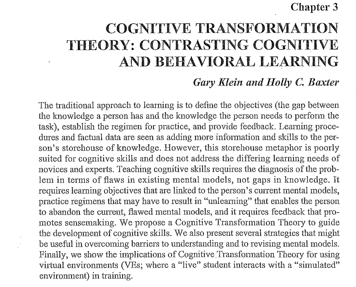 Paper with major implications for T-ED and coaching:'Cognitive Transformation Theory: contrasting cognitive and behavioural learning' (2006) by Gary Klein and Holly Baxter. https://www.researchgate.net/publication/254088055_Cognitive_Transformation_Theory_Contrasting_Cognitive_and_Behavioral_Learning/link/565512fb08aeafc2aabc2ed8/download Moving beyond the store-house metaphor for teacher learning......