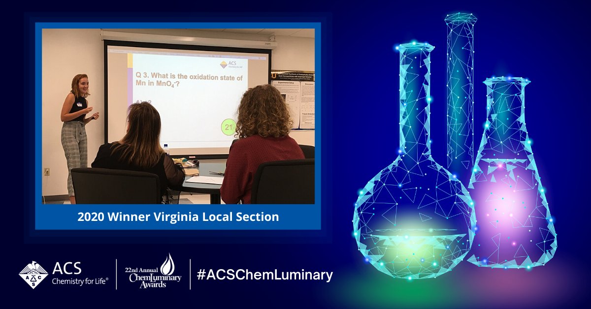 AmerChemSociety's tweet photo. Hats off to ACS' Virginia Local Section, winner of the 2020 #ACSChemLuminary #Award for Outstanding or Creative Local Section Younger Chemists Committee Event. 2021 ChemLuminary Award nominations are due by Feb. 15 - nominate today! https://t.co/4X5kYVMLa8 https://t.co/Rz6lTumjM9