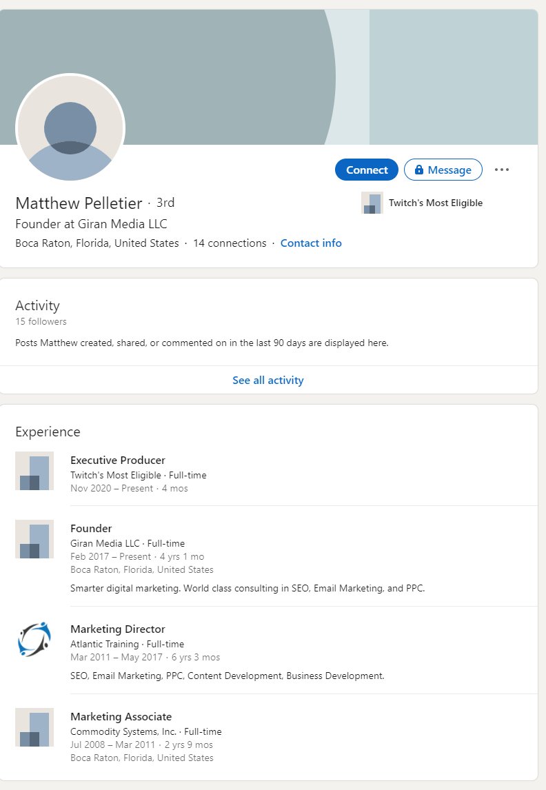 Let's assume that Matt Pelletier is in fact his real name. (Btw  http://MattFox.net&nbsp; now forwards to  http://TwitchsMostEligble.com&nbsp;). http://MattsRealityTv.com&nbsp; links to his LinkedIn page, so we can check his history there. He's an SEO/Email marketer... Explains the mass emailing.