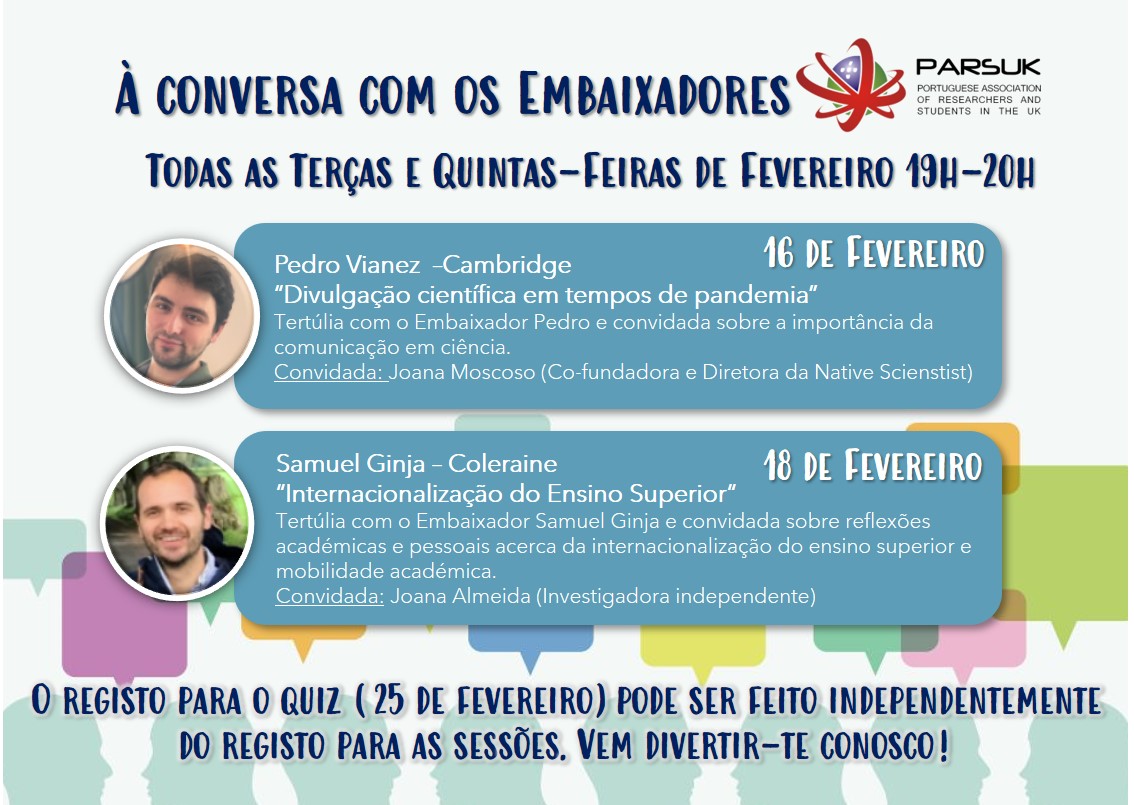 NativeScientis1's tweet image. This week meet us at the Tertúlia @PARSUK_
 - Chatting with Pedro Vianez (PARSUK Ambassador in Cambridge). @JoanaMoscoso will represent us in a chat about #sciencecommunication.
🗓️ 16 Feb ⏰ 19:00 WET | bit.ly/3rZAKLT
#NativeScientist #PARSUK #Science #Language #Outreach