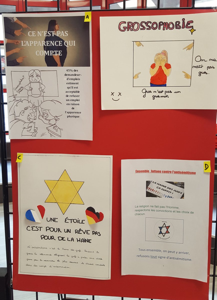 CDIBalzac61's tweet photo. "Luttons contre toutes les formes de #discriminations" ! 
Les élèves de 5ème de Mme Guignochau sont fiers de vous présenter leurs affiches réalisées en #EMC. 
Des créations aux messages clairs et efficaces ! 🕊
Au CDI ➡️19/02 + votes
#VivreEnsemble
#egalitefillesgarcons https://t.co/PPqKd6aVCX