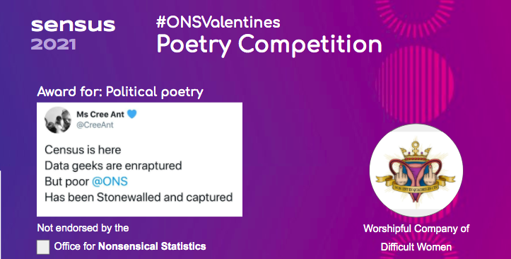 The prize for political poetry goes to  @CreeAnt  #Census2021    #ONSValentines