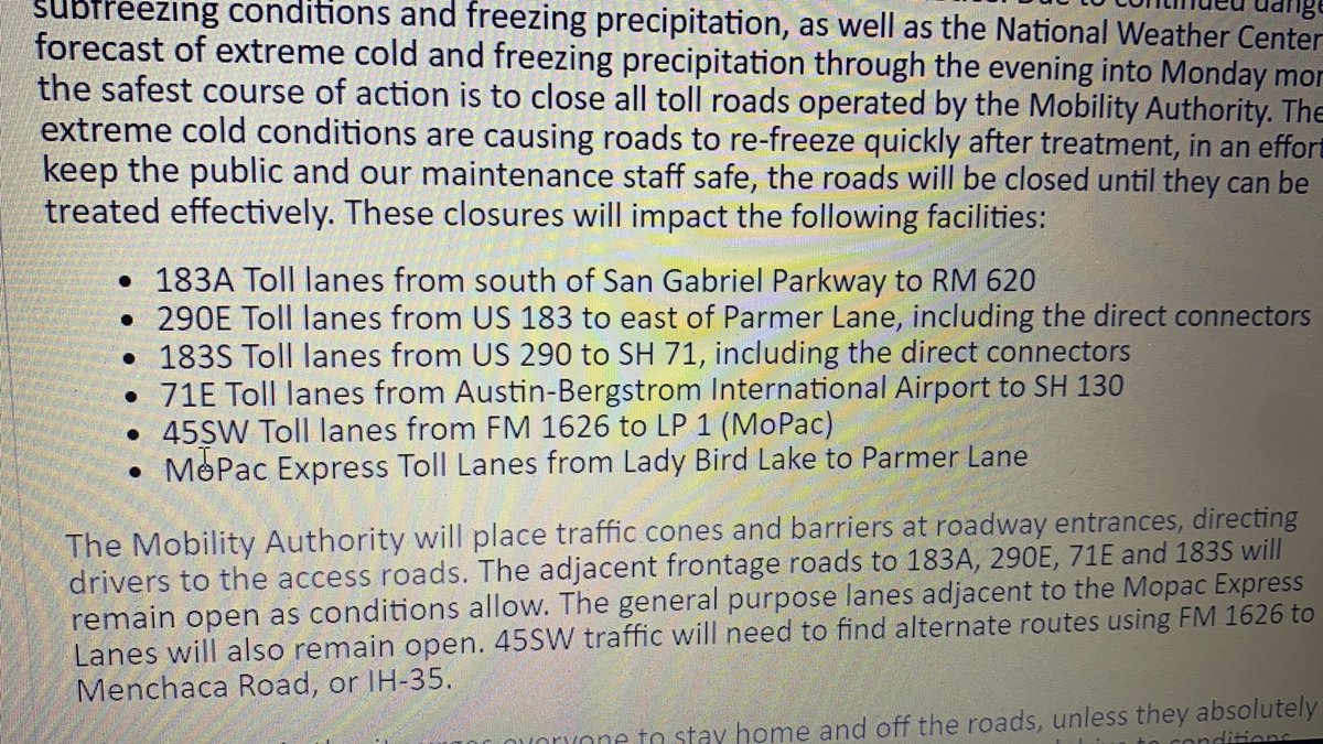 JenniL_KVUE's tweet photo. .@CTXMobility closes stretches of toll lanes on 183A, 290E, 183S,71E,45SW, & Mopac due to dangerous sub freezing conditions. Closing starts Sun 2/14 until further notice. Specific parts β¬οΈ #tolls #close #dangerous #weather #austin #ctrma #kvue #subfreezing https://t.co/W8chLu2hq3