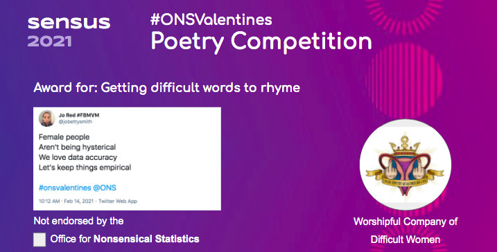 The award for getting difficult words to rhyme goes to  @jobettysmith  #Census2021    #ONSValentines