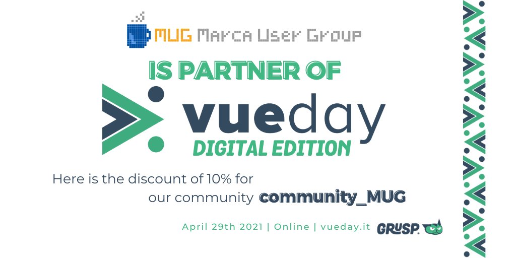 Marca User Group (@marcausergroup) on Twitter photo 📢 MUG è partner di <a href="/vuedayit/">vueday | 10 November 2023 | Verona</a>!
Usa il nostro codice sconto del 10% per acquistare il tuo biglietto scontato 👉 community_MUG
Scopri tutti i dettagli su 👉 vueday.it
#vueday #vue #vuejs #nuxtjs #vuex #vuerouter #testing #GraphQL #components #libraries 📢 MUG è partner di <a href="/vuedayit/">vueday | 10 November 2023 | Verona</a>!
Usa il nostro codice sconto del 10% per acquistare il tuo biglietto scontato 👉 community_MUG
Scopri tutti i dettagli su 👉 vueday.it
#vueday #vue #vuejs #nuxtjs #vuex #vuerouter #testing #GraphQL #components #libraries
