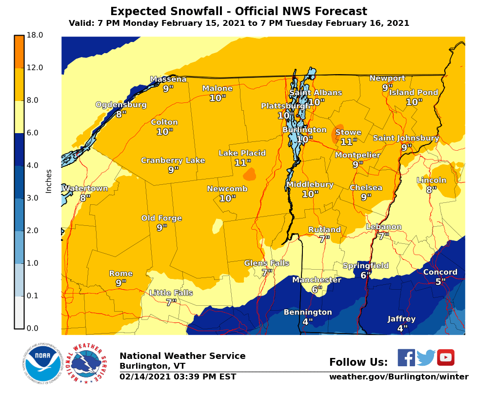 A Winter Storm Warning will take effect 7PM Monday through 7PM Tuesday. The main hazard will be moderate to heavy snow between midnight Tuesday through 10 AM Tuesday, that will make the morning commute very difficult. Here are our latest forecast snow totals. #vtwx #nywx