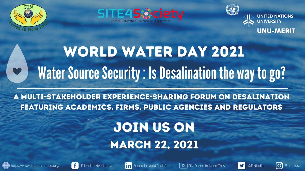 “Desalinated water costs as much as 2 times more than conventional sources”

Is desalination even worth the cost?
Join us to find out - forms.gle/VgN6h9MXefAiTX…

More info about event: friend-in-need.org/water-day-desa…

#FIN4Water #WorldWaterDay #WaterSecurity #Desalination #ValuingWater