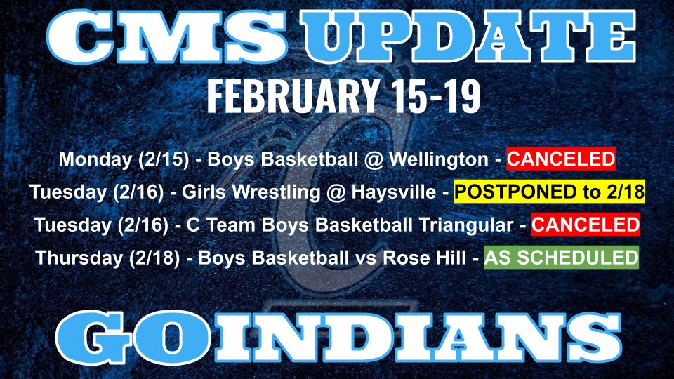 There have been several changes and cancellations this week due to weather conditions.