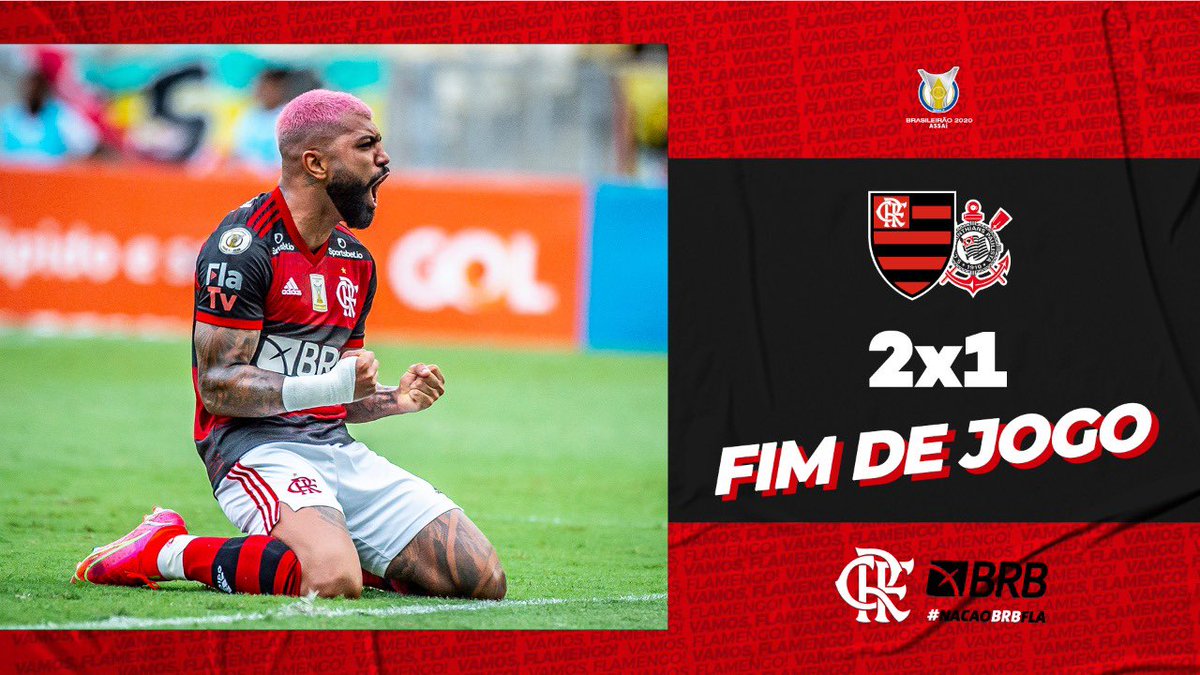 Flamengo's tweet image. FIIIIIIIIIM DE JOGO NO MARACANÃ! Com gols de Willian Arão, de cabeça, e Gabigol, o Mengão vence o Corinthians por 2 a 1, no Maracanã, pelo Brasileirão! VAMOOOOOOOOOOOOOOOOOOOOOOOOOS! #CRF #VamosFlamengo