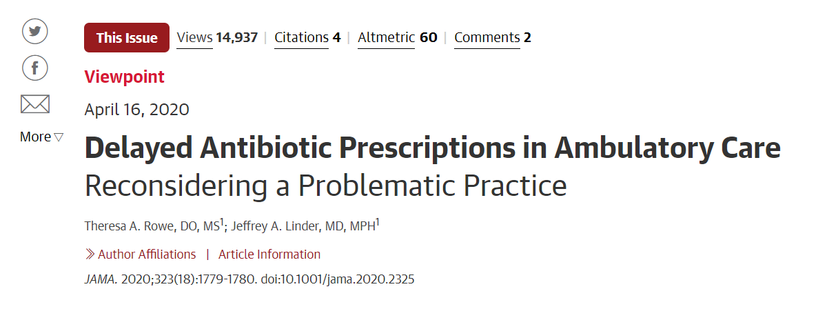 Delayed antibiotics are a bad idea. New RCT. New thread. 1/12 @theresa_rowe1 and I wrote about this in  @JAMA_current.A new -- and very good -- RCT in Pediatrics confirms problems with delayed antibiotics as a strategy. https://ja.ma/3aiSknS&nbsp;