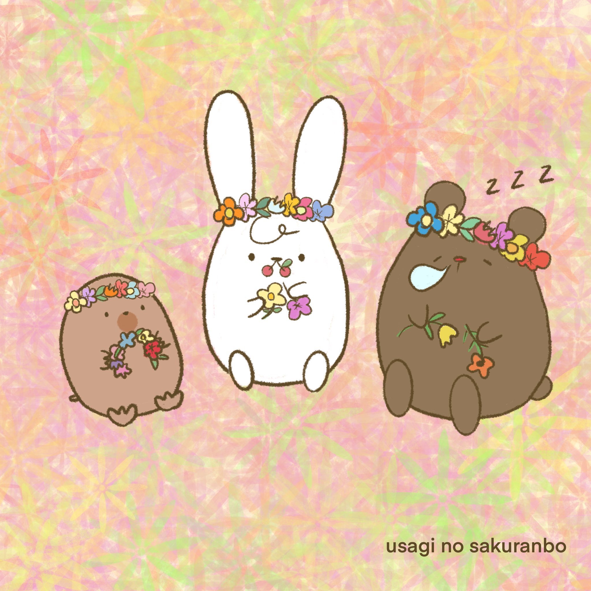 うさぎのさくらんぼ 春が待ち遠しい イラスト イラストレーション うさぎ モグラ くま さくらんぼ チェリー キャラクター かわいい 癒し 絵 イラスト好きさんと繋がりたい ゆるいイラスト オリジナルキャラクター 春 花