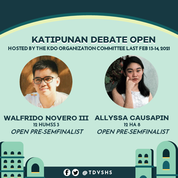 tdvshs's tweet photo. These debaters broke in KDO because??

Well, congratulations to Allyssa Causapin and Thirdy Novero for reaching pre-semifinals on Katipunan Debate Open! It was a spectacular performance 💌💘 https://t.co/CGvw2IHbeJ