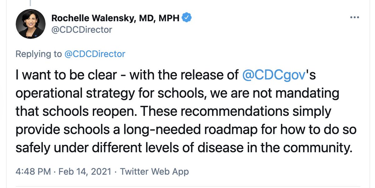 davidzweig's tweet photo. The CDC has never possessed the authority to mandate that schools open (or close) 

Why would the director of the CDC feel the need to clarify that the agency is "not mandating that schools open" when literally not one governor or local official ever thought that to be the case? https://t.co/b2NLUs4tUz