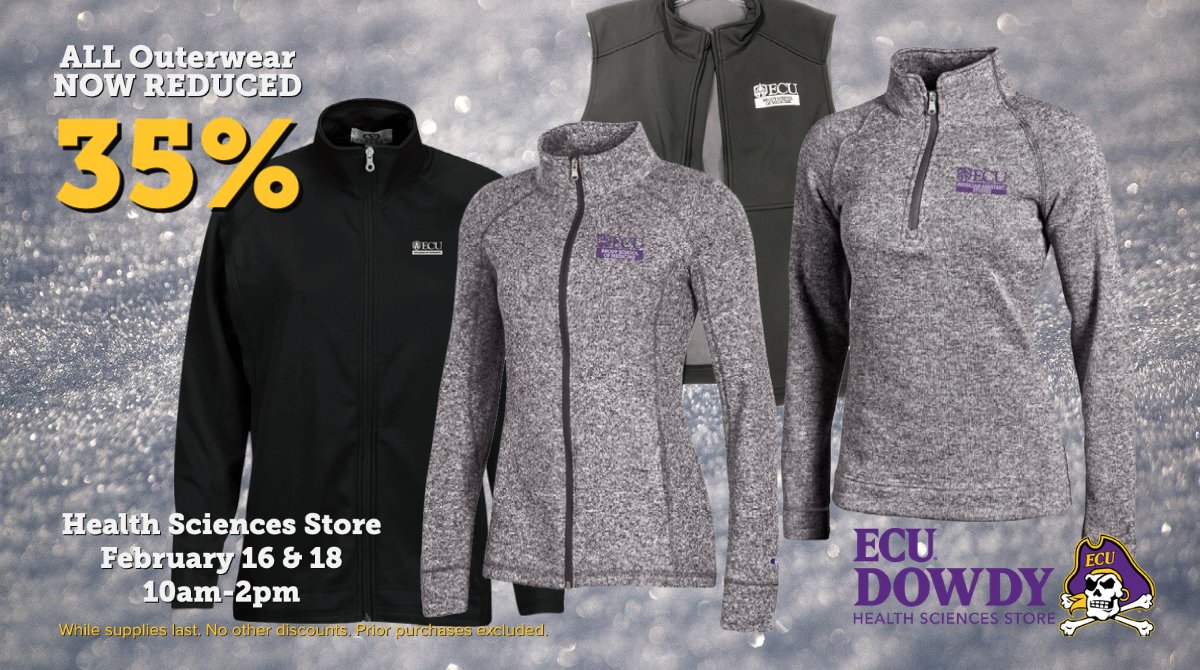 ➡️ Hot prices on cold-weather gear at ECU Health Sciences Student Center store! Coats, vests, zip knits on sale 35% OFF! 10am-2pm, Tues &amp; Thurs, Feb 16 &amp; 18.  In-store, while they last! 
#ECUBSOM #ECUnursing #ECUAlliedHealthSciences #ECUPT #ECUOT #ECUDental #PirateNurse