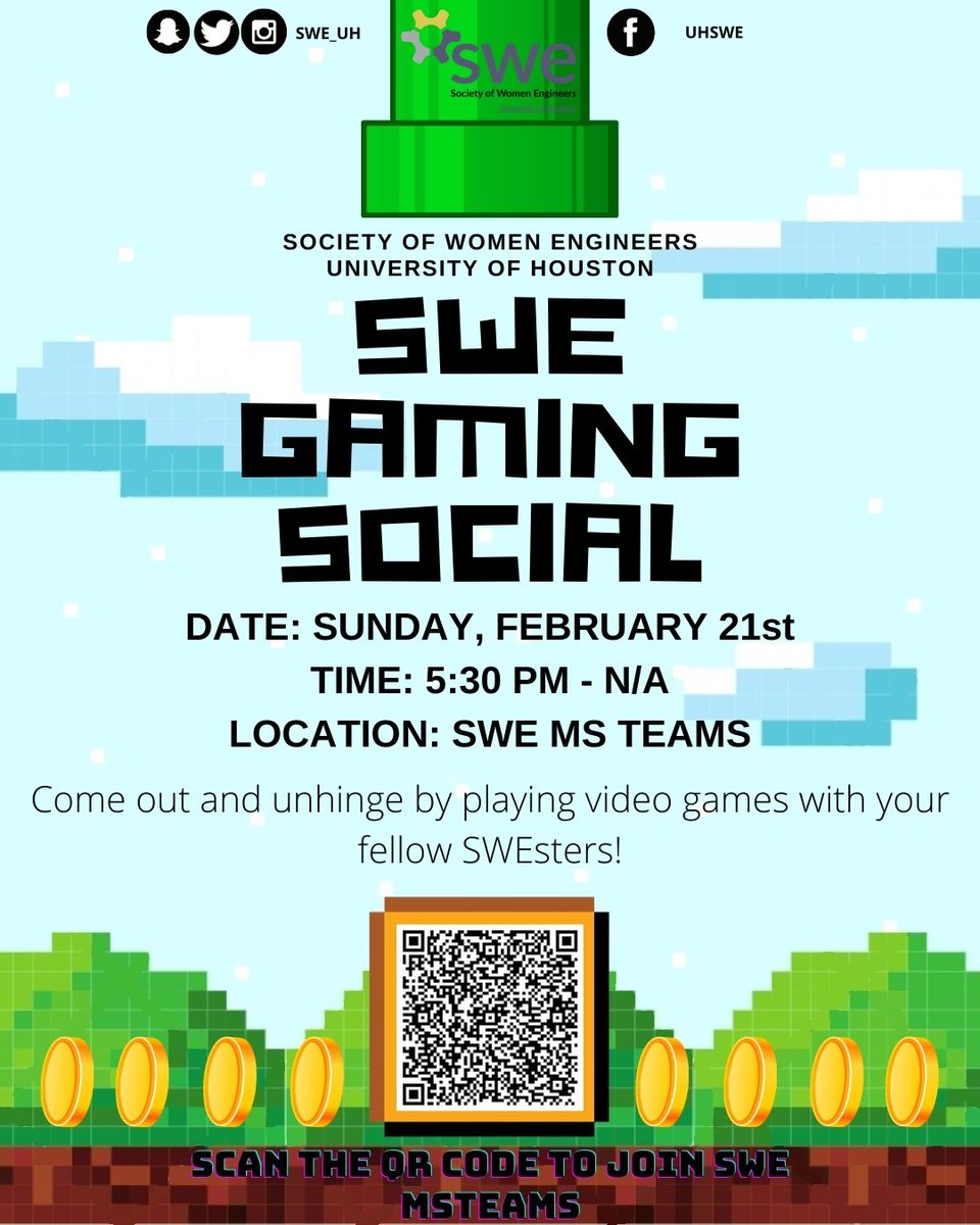 SWE_UH's tweet image. SWE Games Night is coming!!

As you are staying warm and planning your upcoming week, make plans to join us next Sunday at 5:30PM on our Teams page to unwind and play some games with your fellow SWEsters!

Hope to see you there!!

#gocoogs #uhengineering #cullenengineering