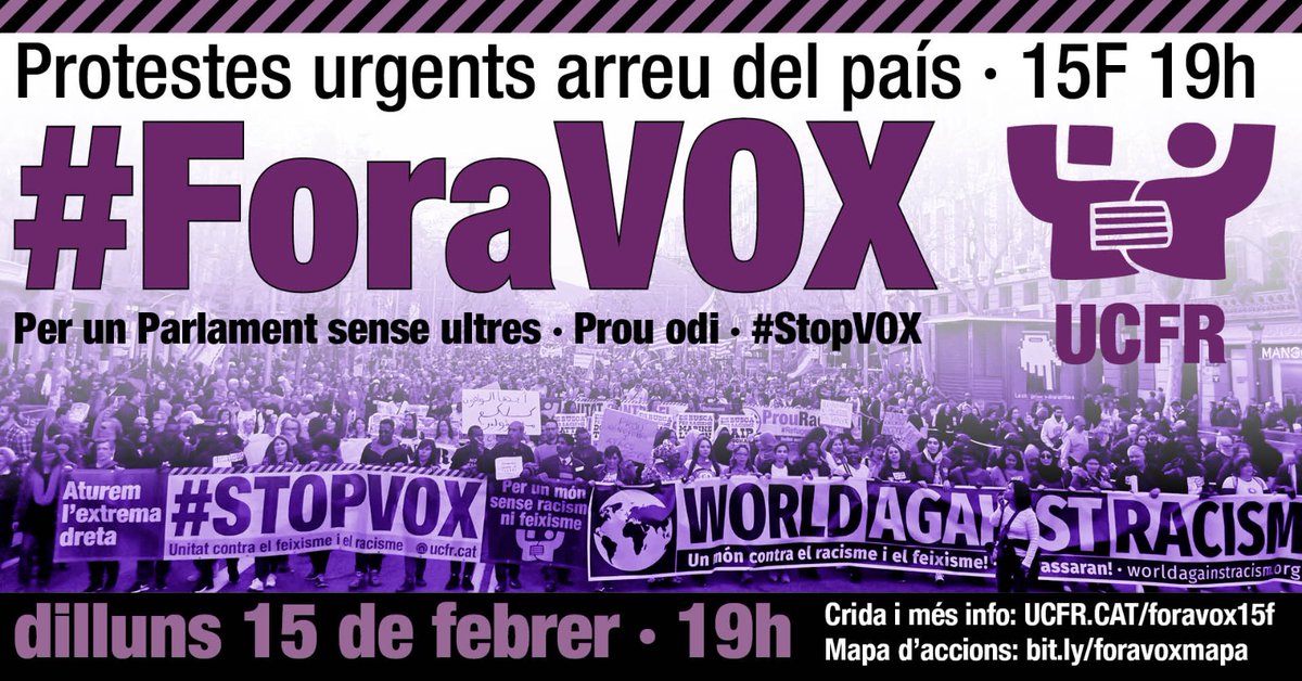 ❗❗ UCFR Anoia ens sumem a la  crida d'@UnitatvsRacisme i convoquem DILLUNS 15 de febrer a les 19h a la Pl Ajuntament d'Igualada. 
L’entrada de VOX al Parlament és una terrible notícia per a la democràcia i els Drets Humans.
Cal més lluita unitària que mai.