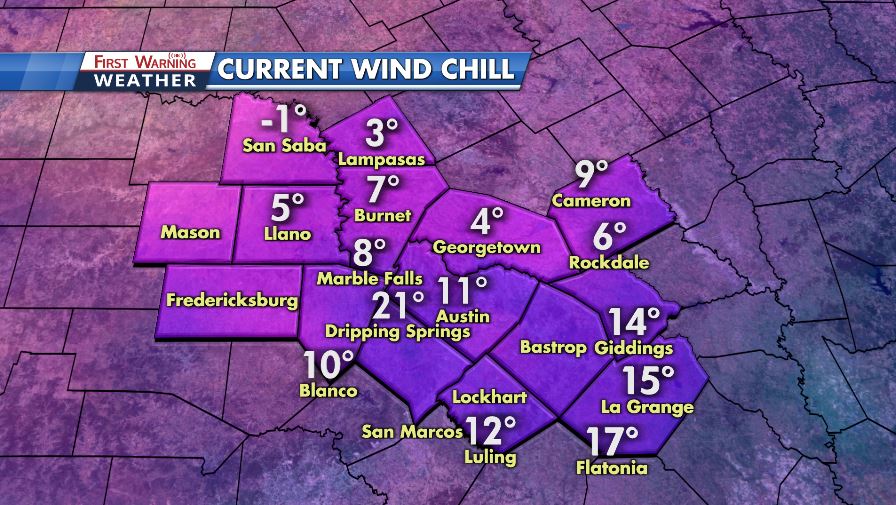 KXAN_Weather's tweet photo. First ever WIND CHILL WARNING in effect tonight for Austin. Wind chills are biting cold already and will drop to -15 or -20 degrees by morning. Frostbite in 30-60 minutes. #txwx https://t.co/8UyBpjGrwk