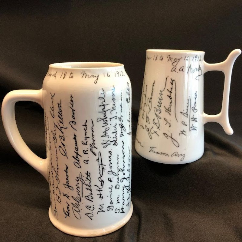 9thFloorAZ's tweet photo. Cheers to Arizona! Here are two steins signed by members of Arizona’s first state legislature. #AZBirthday @AZHistSociety https://t.co/c5qDYMFjZ8