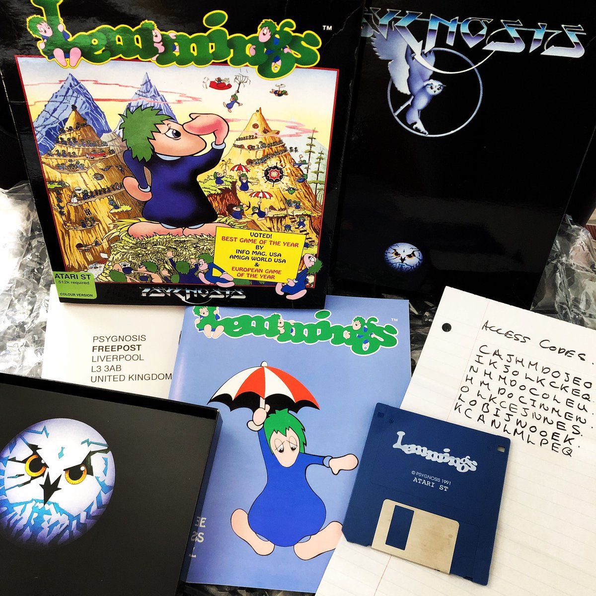 RetroElectroDad's tweet photo. Just saw that it’s the 30th anniversary of the release of lemmings! Here’s my Atari ST version with some scribbled level access codes. #Lemmings30th #lemmings #retroconputing #retrogaming https://t.co/pGJramdCf4