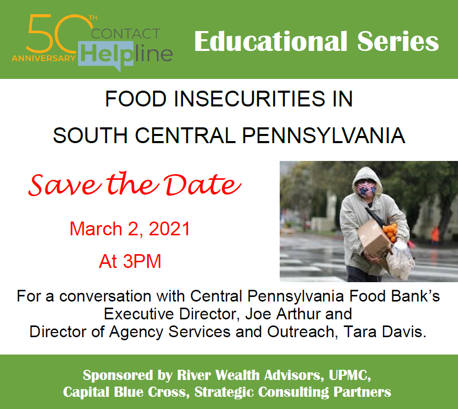 CONTACTHelpline's tweet photo. The Educational Series are virtual. If you are interested in attending, please email mshaw@contacthelpline.org.
#50thEducationalSeries #PA211 #Pennsylvania #foodsecurity https://t.co/CP0qlbwXfH