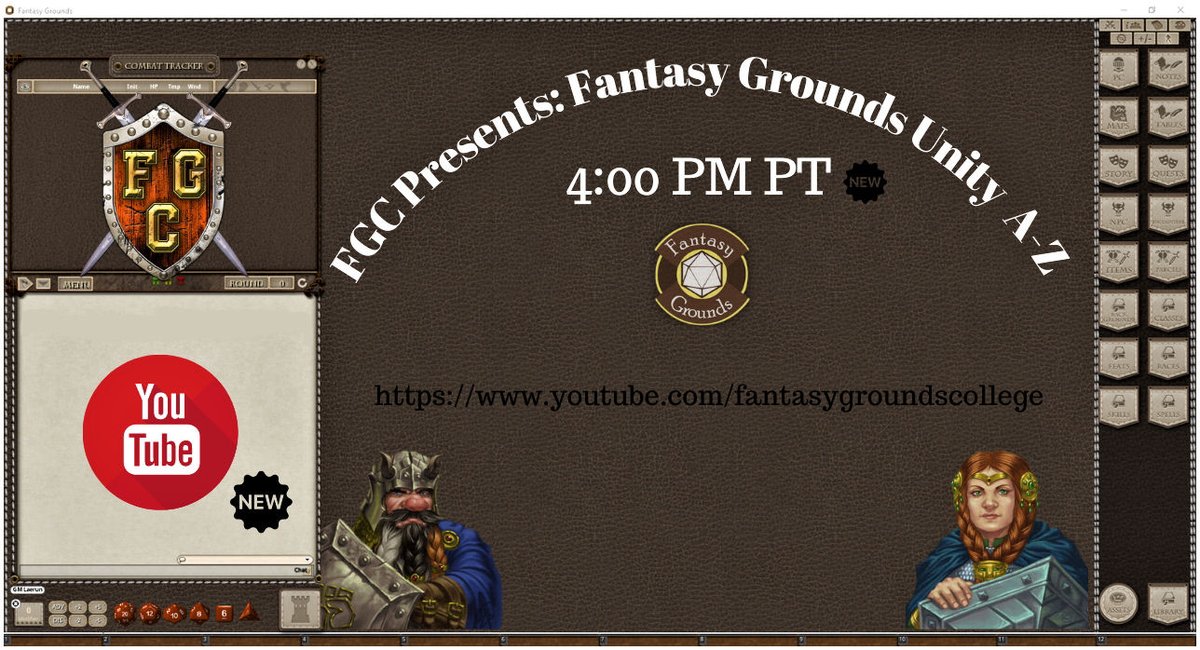 FGACommunity's tweet photo. Founder Laerun &amp; Lady Shel will be streaming @FantasyGrounds2 Unity A-Z today at 4pm PT. Come join us and learn all about the Fantasy Grounds Unity VTT. https://t.co/GhOPg7e0BE  You can also view the previous streams in our playlist at: https://t.co/U7bys83CoT #FGUnity #VTT https://t.co/LUE7YXO6u9
