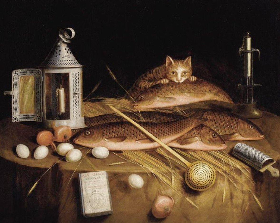 TheLatestFood's tweet image. Continuamos con el tema: gatos, comida y arte.
Esta pintura pertenece a Sebastian Stoskopff (1597-1657), artista francés del periodo barroco. 
 Esta pintura data de 1650 y se reconoce como "Bodegón de cocina con pescado y gato".

#foodculture #foodart #artandfood #catsandart