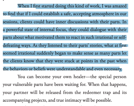 "[I]f I could establish a safe, accepting atmosphere in our sessions, clients could have inner discussions with their parts. In a powerful state of internal focus, they could dialogue with their parts about what motivated them to react in such irrational or self-defeating ways."