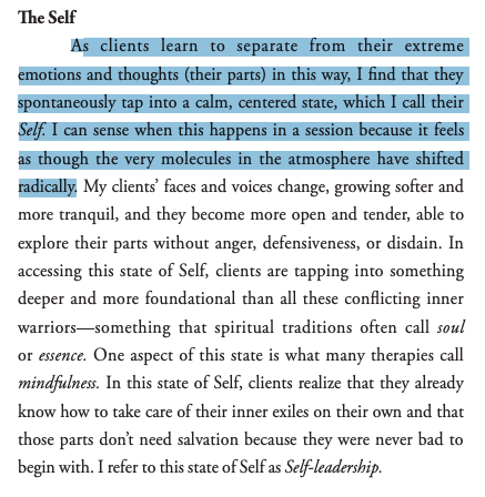 "As clients learn to separate from their extreme emotions and thoughts (their parts) in this way, I find that they spontaneously tap into a calm, centered state, which I call their Self. ... My clients’ faces and voices change, growing softer and more tranquil"