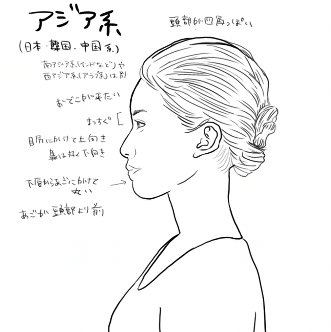 人種の多様性がイラストにも問われる🇺🇸で、描くときに人種別に気をつけていること(横顔編)です。白黒でも骨格や顔の特徴の違いがかなりあるんだよ、ということが伝われば... 