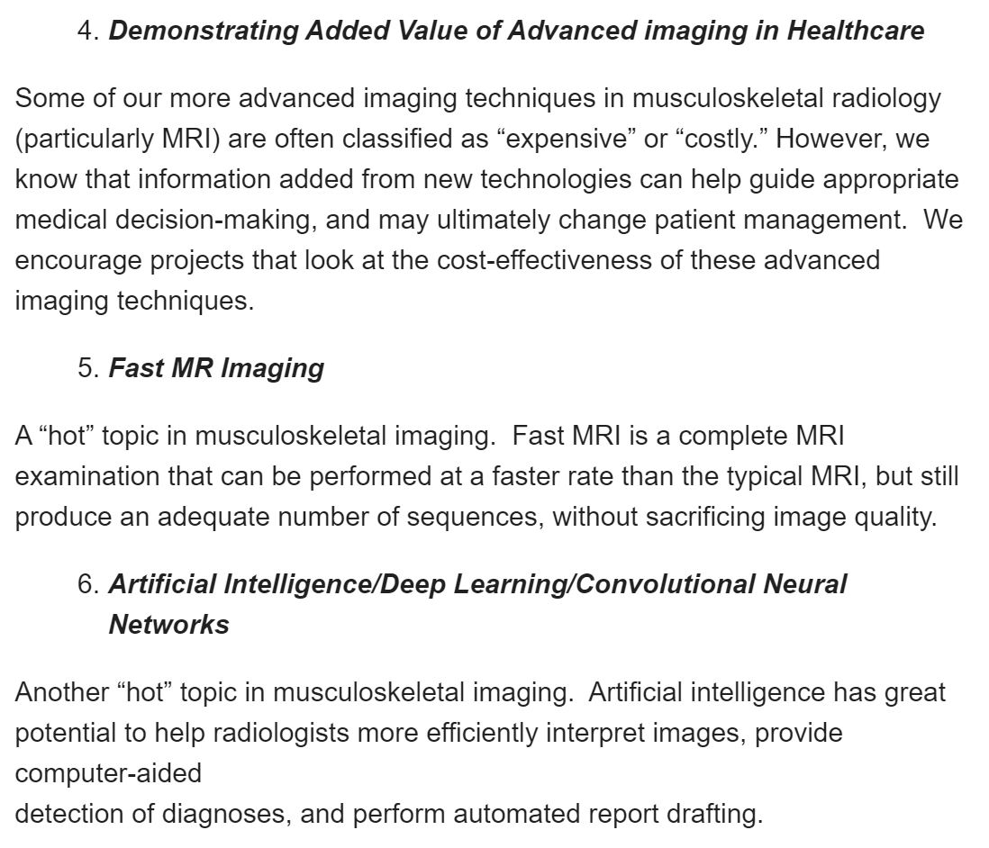 Society of Skeletal Radiology (@ssrbone) on Twitter photo ATTN: The deadline for the SSR 2021 Research Seed Grant Program is now ❗️1 week away ❗️
All SSR Members in good standing are eligible.
Components must be submitted via the SSR website. See suggested topics in included images.
More information here: skeletalrad.org/ssr-2021-resea… ATTN: The deadline for the SSR 2021 Research Seed Grant Program is now ❗️1 week away ❗️
All SSR Members in good standing are eligible.
Components must be submitted via the SSR website. See suggested topics in included images.
More information here: skeletalrad.org/ssr-2021-resea…