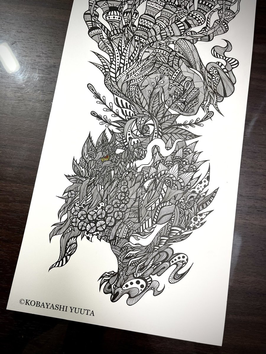 ボールペン画☆白黒 九尾の狐に線画は描き終わり〜♫ #画家 #絵師 #アナログ画 #精密
