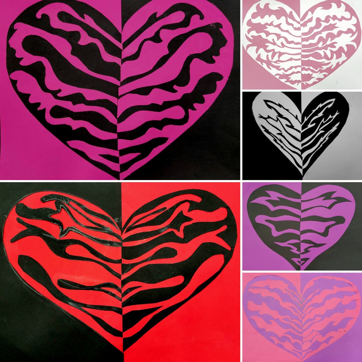 DMSArtMrs_Craig's tweet photo. Hope everyone is staying warm, cozy, & safe and Happy Valentine's Day! 🏹💞 A few more heart notans from my 6th grade sweetpeas! 🐺 Enjoy! #arted #ComalFineArts #DMSArt https://t.co/OfY519TEzw