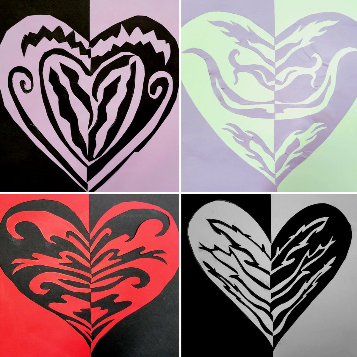 DMSArtMrs_Craig's tweet photo. Hope everyone is staying warm, cozy, & safe and Happy Valentine's Day! 🏹💞 A few more heart notans from my 6th grade sweetpeas! 🐺 Enjoy! #arted #ComalFineArts #DMSArt https://t.co/OfY519TEzw