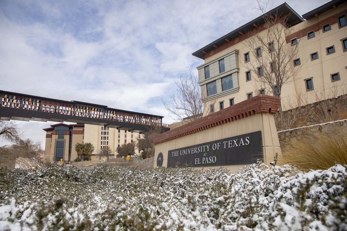 UTEP's tweet photo. A winter storm created picturesque views across the UTEP campus Feb. 14, 2021. Some  walked around campus to take in the scenery or make snow angels. 🌨️❄️⛏️ https://t.co/sEiQdIVQZF