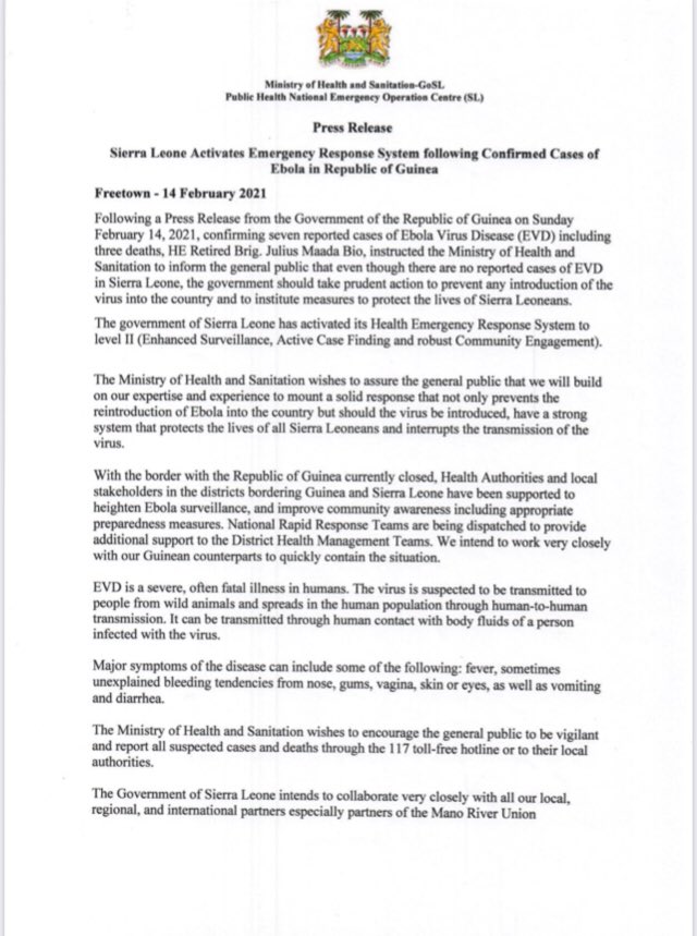 For  #SierraLeone, this means taking immediate action to prevent entry of the  #Ebola virus into the country. The national Health Emergency Response System was activated to level II, focusing on enhanced surveillance, active case finding & robust community engagement.