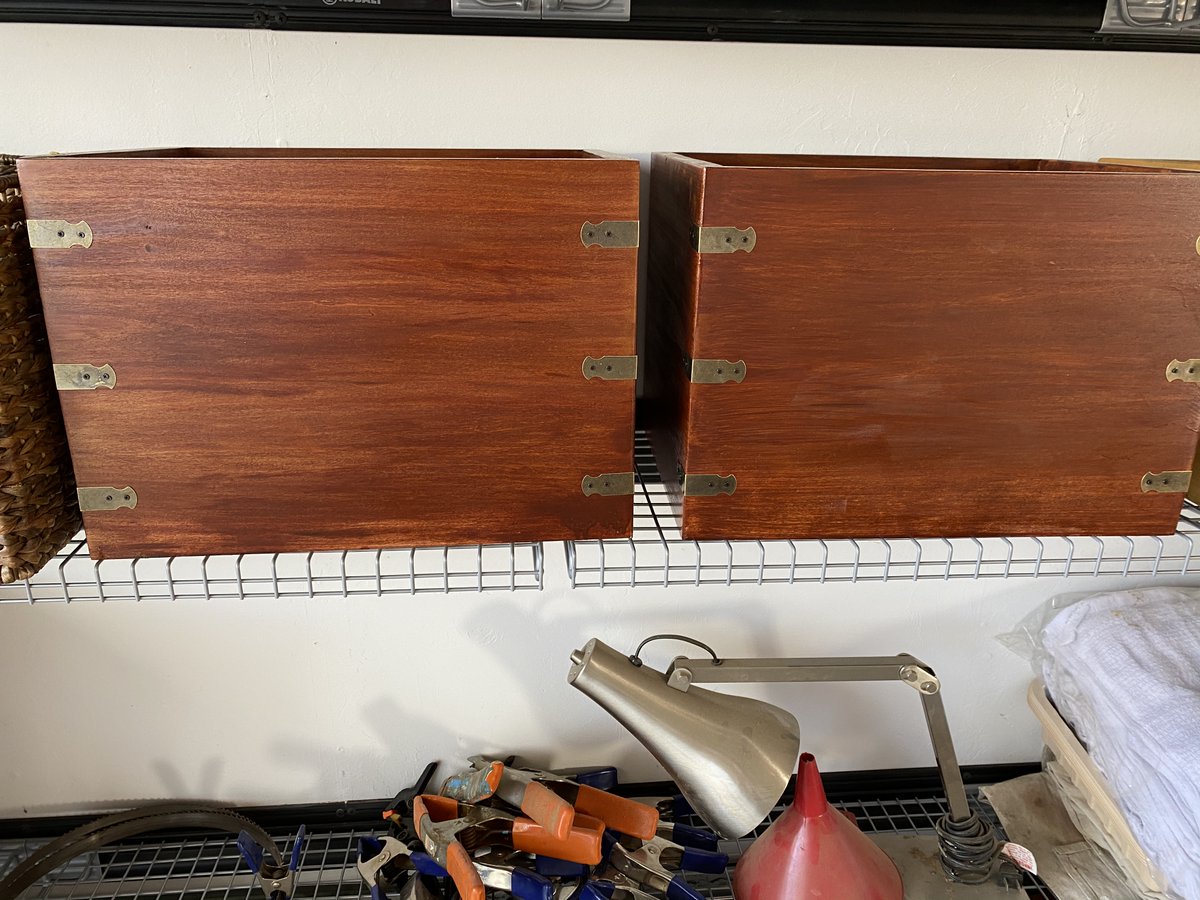 Including some mitered boxes with tansu hardware I finished about 10 minutes before taking this shot. Never used tansu before; I like the look. You can get it at Amazon.