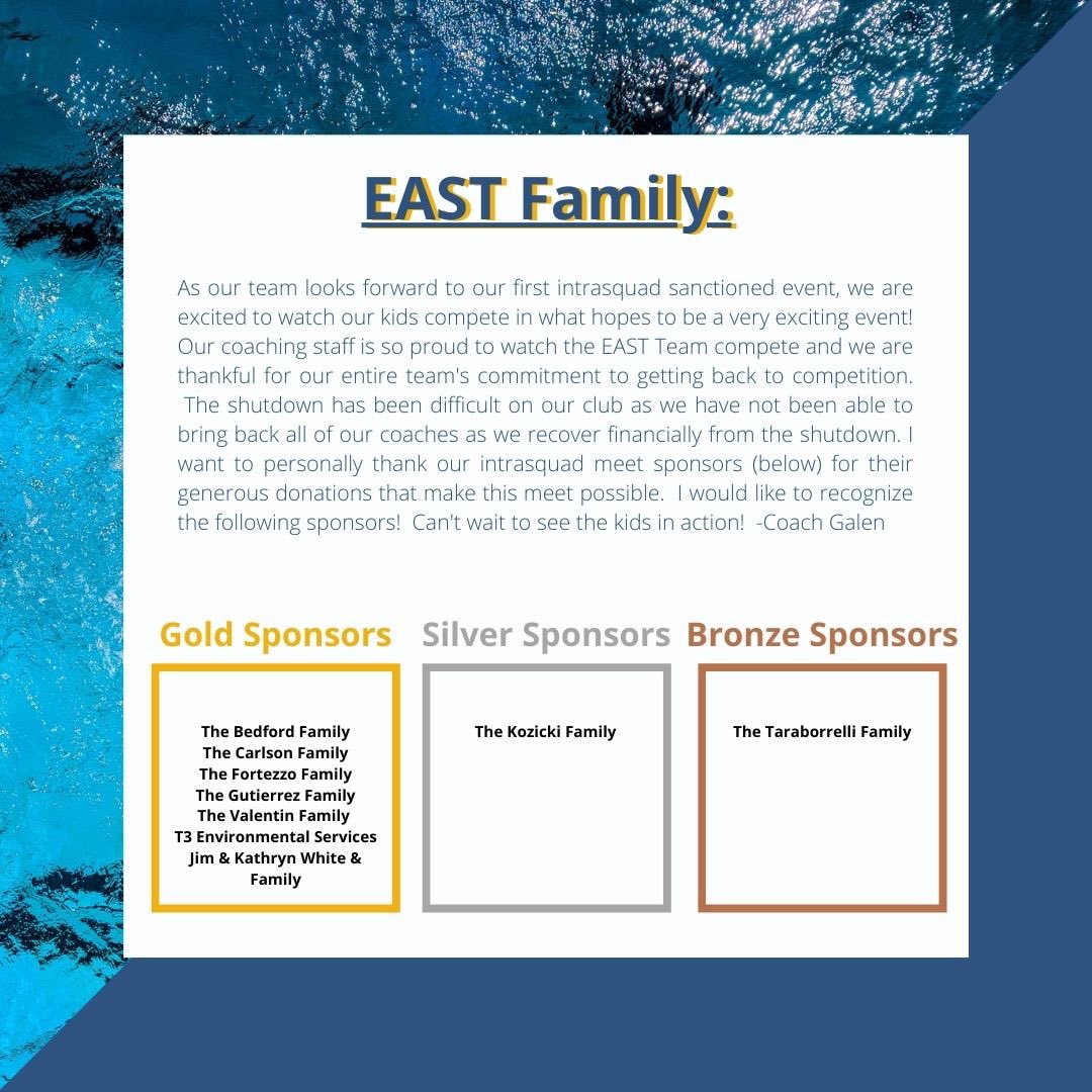 Update: New post with new sponsors! 👀 
. 
.
Looking forward to our Intersquad Meet on 2/20 - 2/21!! 💙💛
.
.
Thank you to our amazing sponsors. If you, your family, or your business would like to become a sponsor, please contact coachashley@eastaquatics.com. GO EAST!!